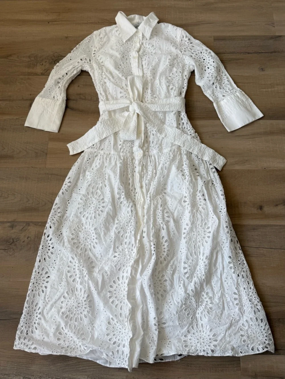 Zara Viral White Cotton Eyelet Embroidered Drop Waist Midi Shirt Dress - XS - Picture 7 of 10